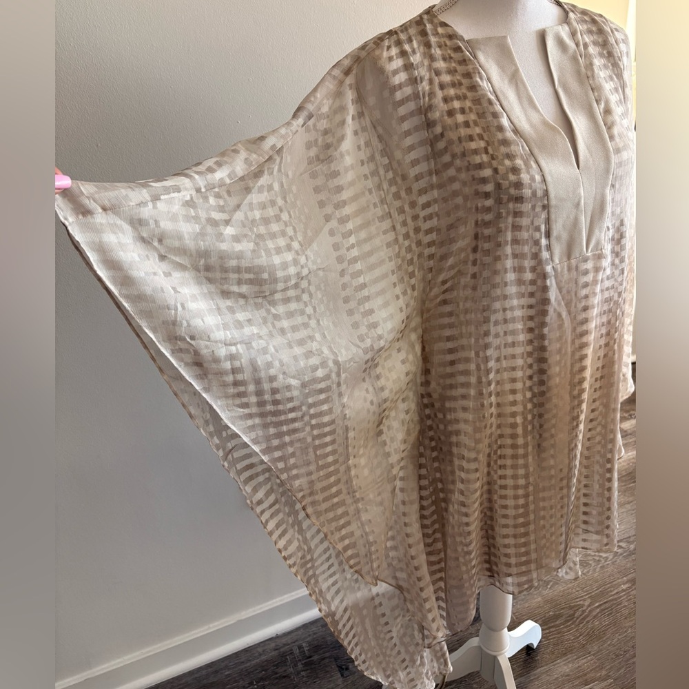 Halston Heritage Cream-Ivory Sheer Checked Tunic with Belt - Picture 12 of 12